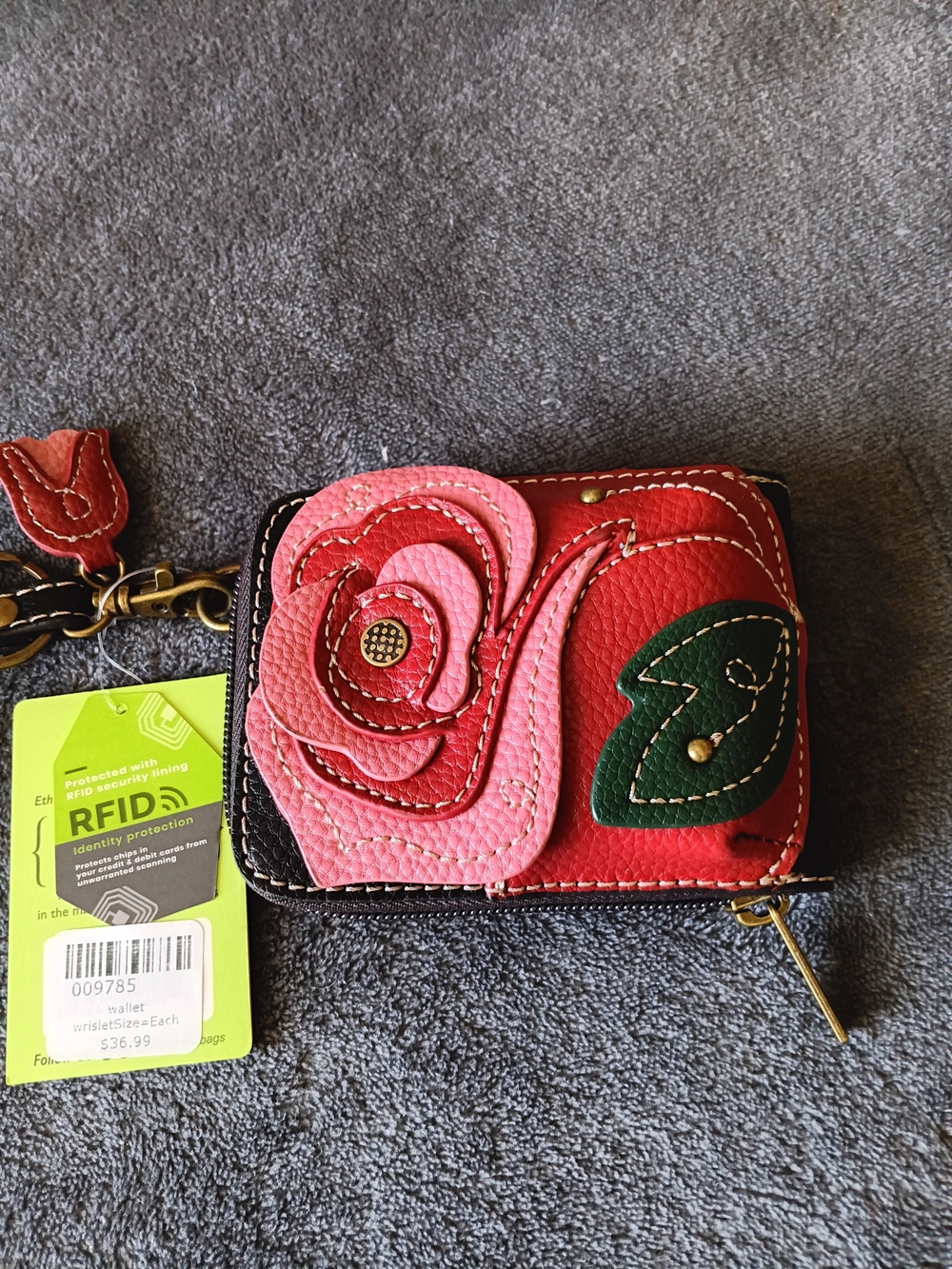 Floral Applique RFID Wallet Wristlet - Red Pink